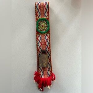 Intricate handmade one-of-a-kind herder’s belt with vintage bell, woven colorful
